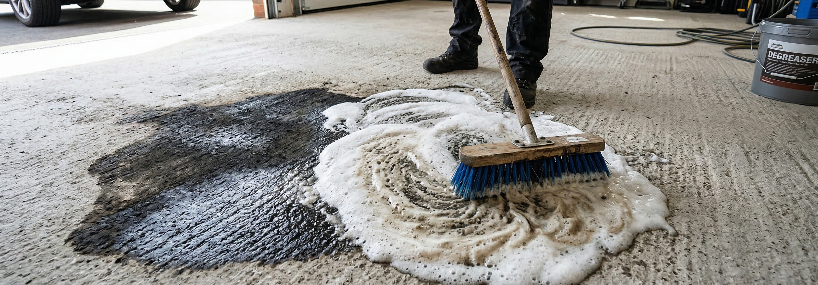 Scrubbing professional-grade degreaser into a heavy oil stain on a concrete floor to prepare for painting.