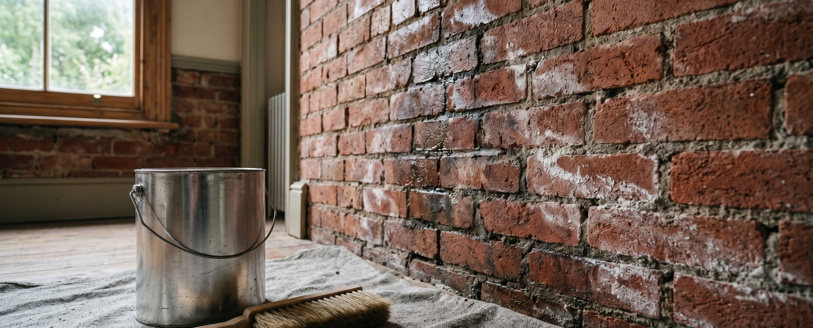 Close-up of porous red brickwork being prepared for a breathable moisture treatment instead of a non-breathable sealer.