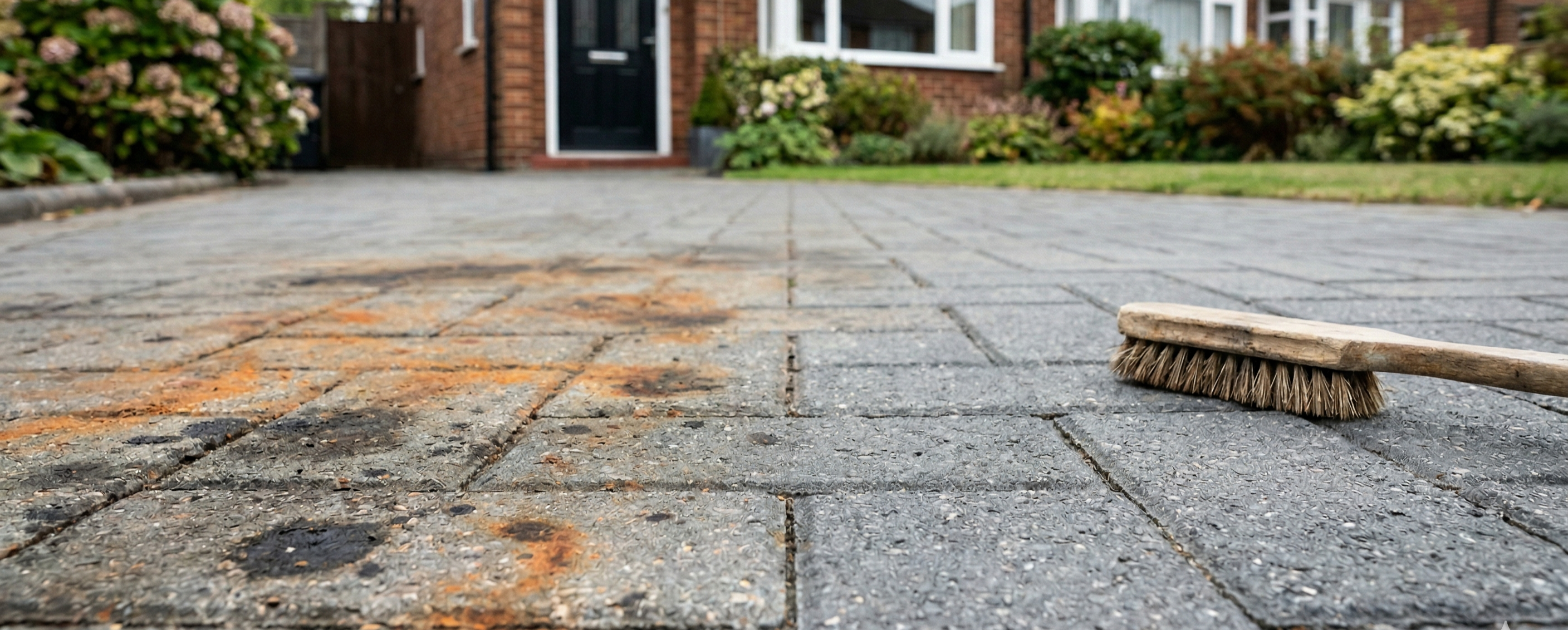 Block paving that has been half cleaned while the other half has oil stains.
