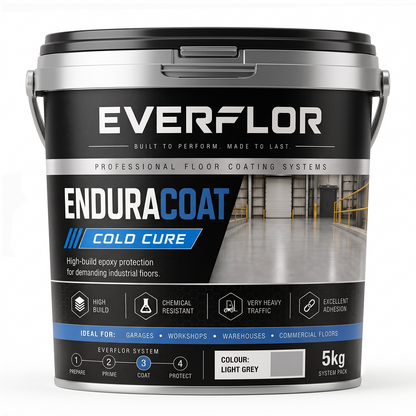 A 5kg bucket of Everflor EnduraCoat Cold Cure floor coating system, featuring a black and silver label with blue accents and a grey color swatch indicating the light grey color of the coating.