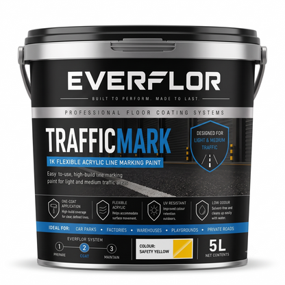 A 5L bucket of Everflor Traffic Mark 1K Flexible Acrylic Line Marking Paint in Colour: Safety Yellow, shown on a clean white background.