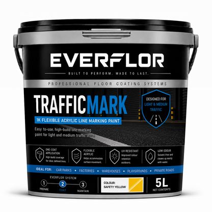 A 5L bucket of Everflor Traffic Mark 1K Flexible Acrylic Line marking paint in Colour Safety Yellow, shown on a clean white background.