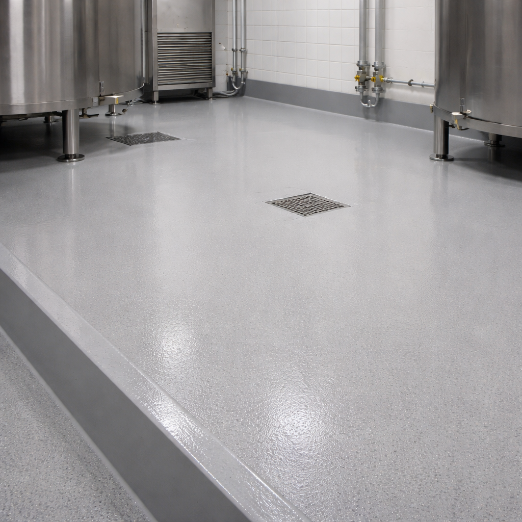 Polished concrete floor in a industrial setting with metal tanks.