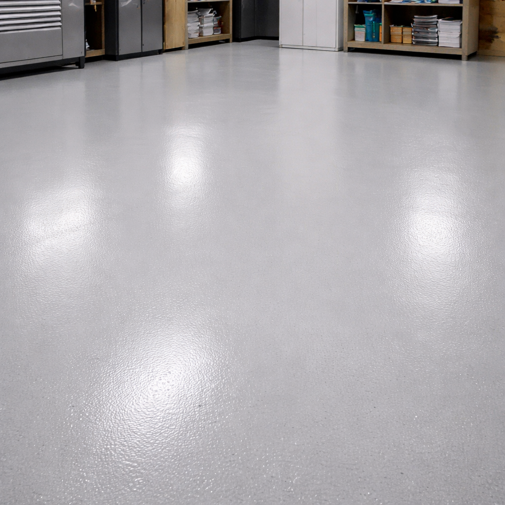 Polished concrete floor in a garage with shelves in the background