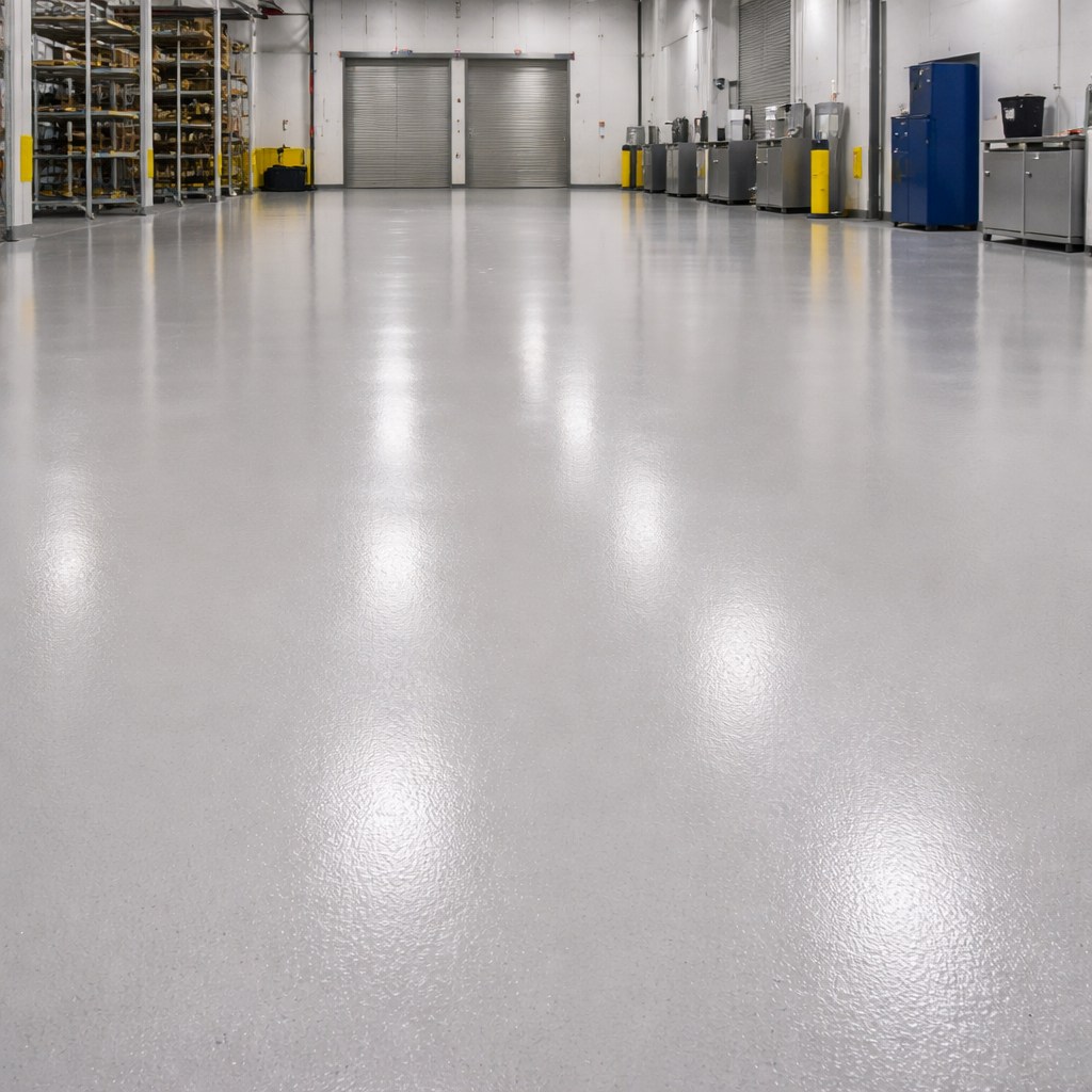 Large warehouse interior with a shiny floor and storage shelves.